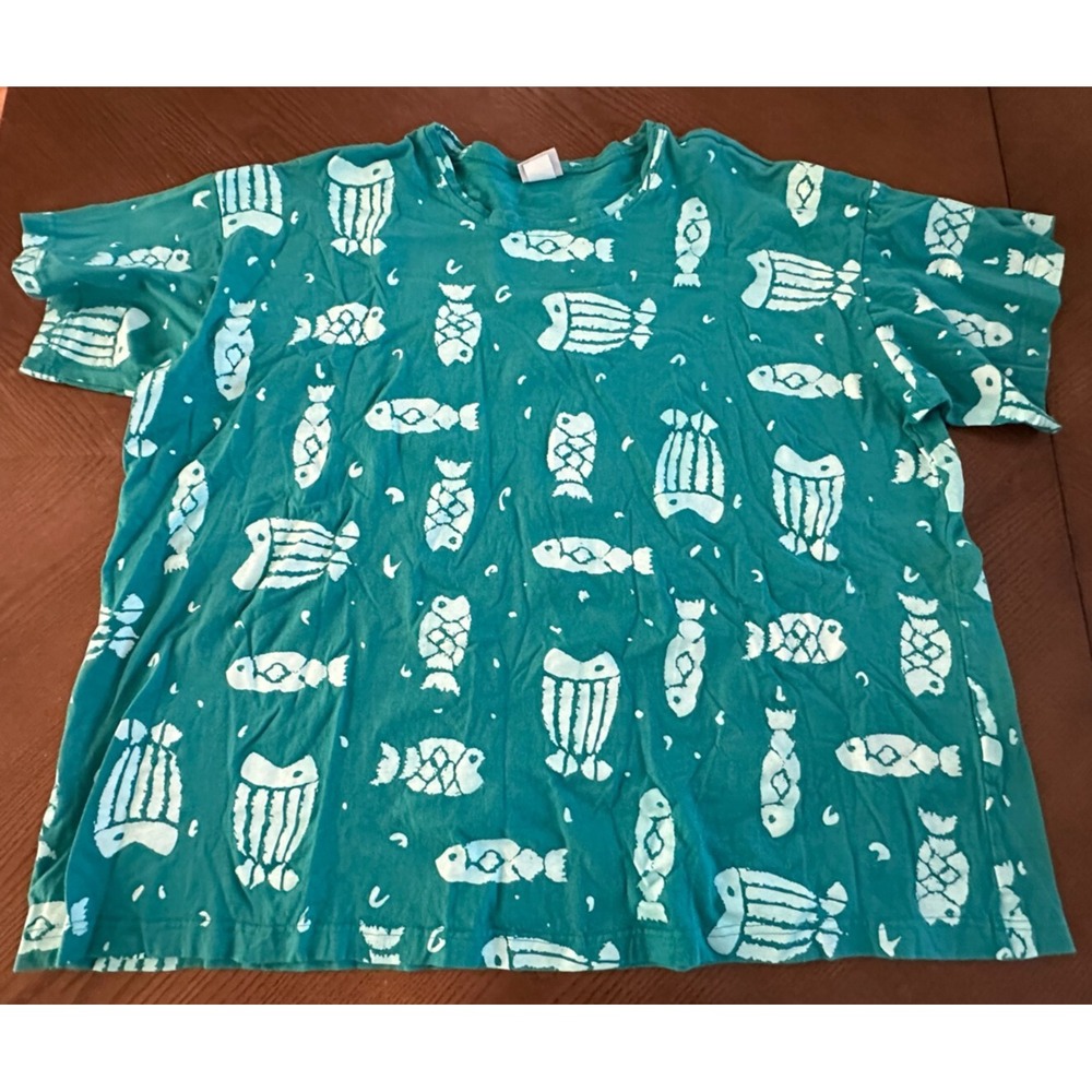 Vintage Women's 3XL 90s Teal Tribal Stamped Fish AOP Short Sleeve Shirt‎ USA